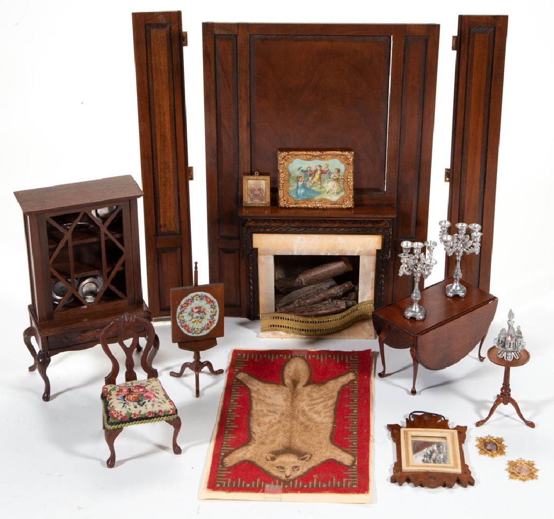 ASSORTED DOLLHOUSE / MINIATURE FURNITURE, LOT OF SEVEN: ASSORTED DOLLHOUSE / MINIATURE FURNITURE, LOT OF SEVEN, comprising a fireplace, a cabinet, a drop-leaf table, a side chair, a candlestand table, a needlepoint screen, and a wall mirror. Cabinet with "