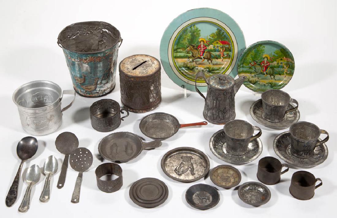 ASSORTED CHILDREN'S TOY ARTICLE, LOT OF 35: ASSORTED CHILDREN'S TOY ARTICLE, LOT OF 35, including a spoon embossed with Mickey Mouse and stamped on the back "Wm Rogers Mfg. Co. IS", and tin drum toy bank. First half 20th century. 5 1/2" L spoon