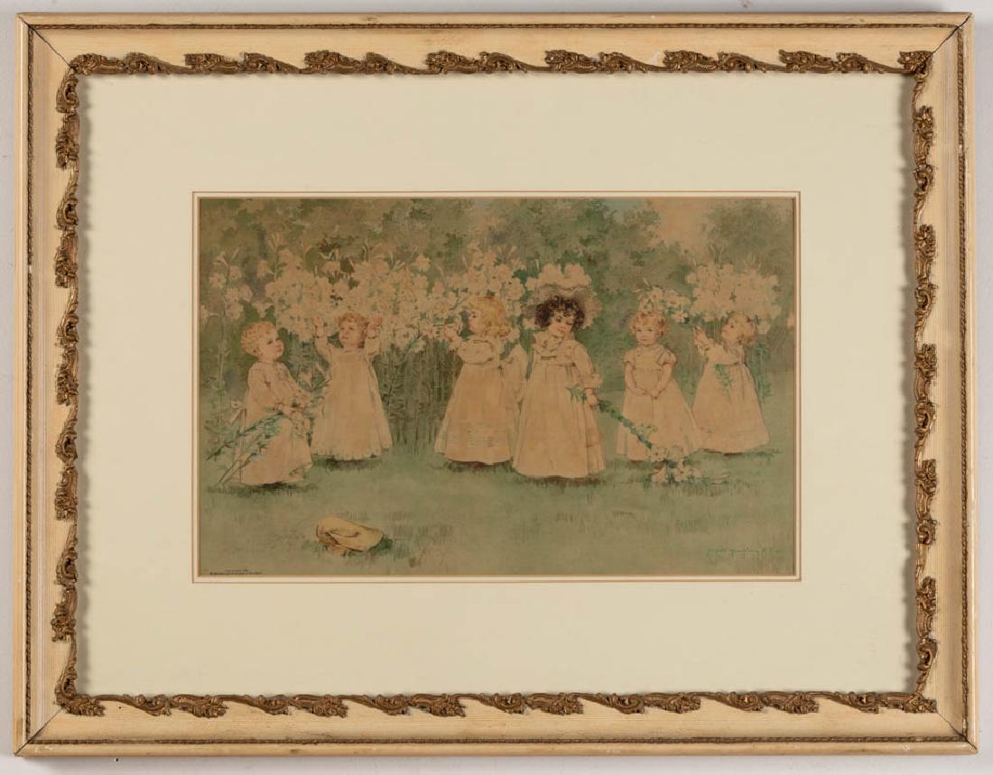MAUD HUMPHREY (AMERICAN, 1868-1940) CHILDREN'S PRINTS,: MAUD HUMPHREY (AMERICAN, 1868-1940) CHILDREN'S PRINTS, LOT OF TWO, each chromolithograph, one on paper and one on silk satin, comprising paper example having seven children in a field picking dandelio