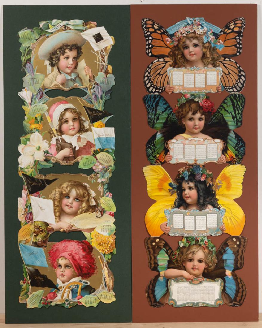 1904 AND 1905 CHILDREN'S CALENDARS, LOT OF TWO: 1904 AND 1905 CHILDREN'S CALENDARS, LOT OF TWO, each chromolithograph on paper, 1904 from The Christian Herald consisting of children with butterfly wings having "Copyright 1903 by / Louis Klopsch" ma