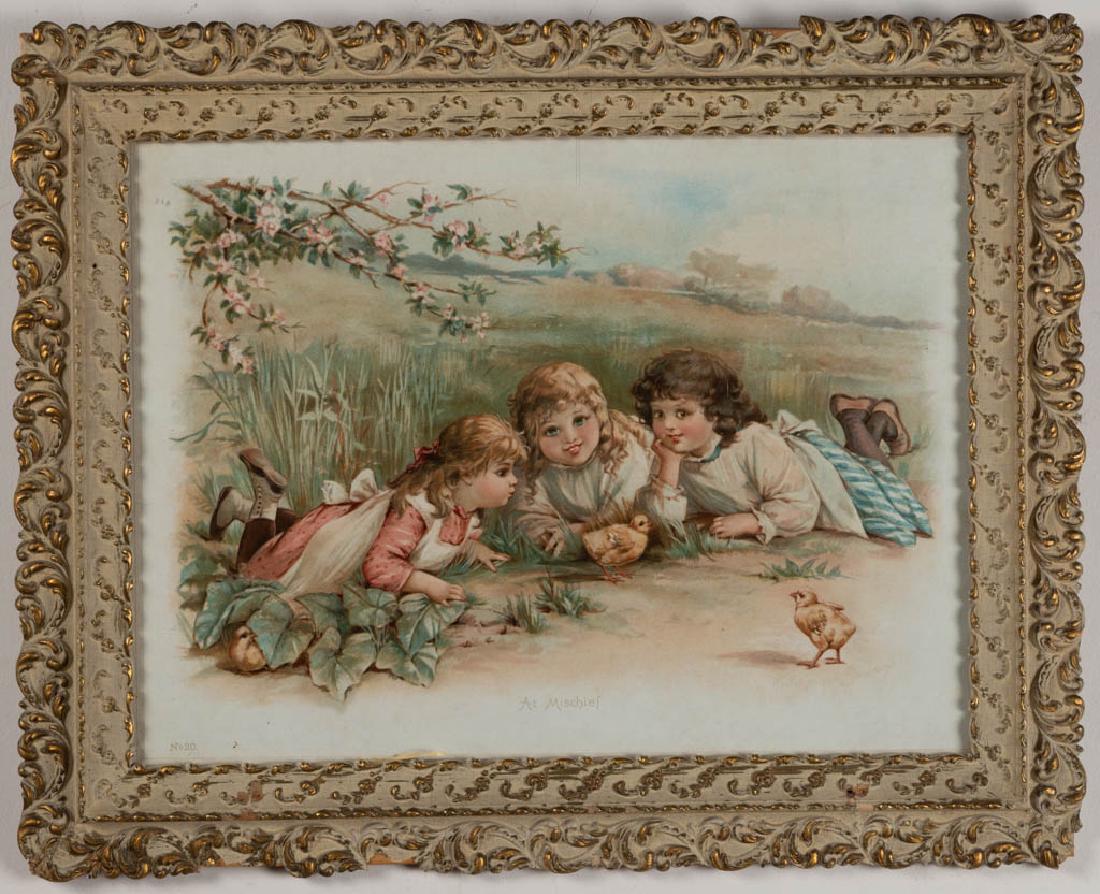 FRANCES BRUNDAGE (AMERICAN, 1854-1937) CHILDREN'S: FRANCES BRUNDAGE (AMERICAN, 1854-1937) CHILDREN'S PRINTS, LOT OF TWO, each chromolithograph on paper, comprising "At Mischief" of three girls in a field with three chicks and "When I Was A Kid" of a f