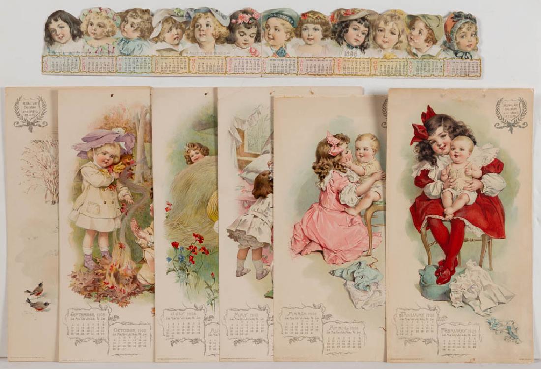 ADVERTISEMENT CHILDREN'S CALENDARS, LOT OF THREE: ADVERTISEMENT CHILDREN'S CALENDARS, LOT OF THREE, each chromolithograph on paper, comprising a 1896 folding example from the Art Supplement to Philadelphia Inquirer, and two six-paged examples with "T
