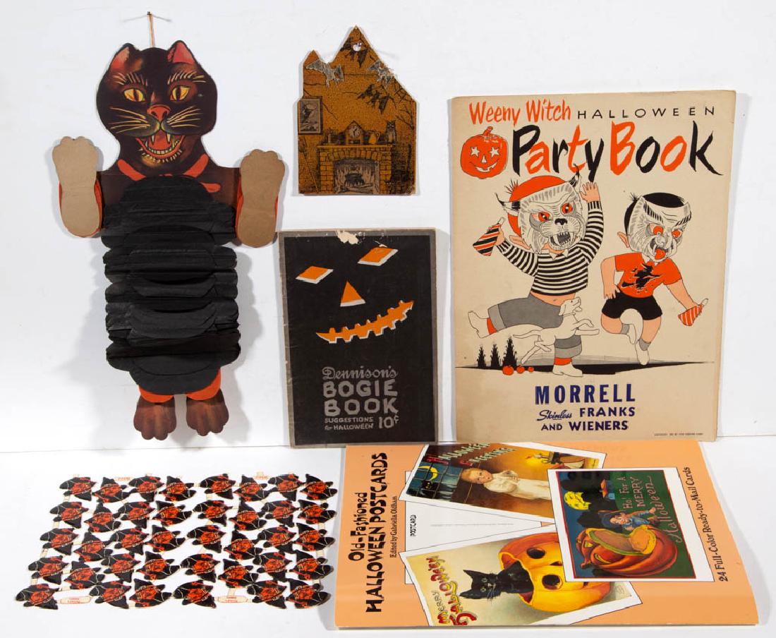 ASSORTED HALLOWEEN PAPER / CARDBOARD ARTICLES, LOT OF: ASSORTED HALLOWEEN PAPER / CARDBOARD ARTICLES, LOT OF FIVE, comprising a hanging black cat decoration with crepe paper body, a "Weeny Witch Halloween Party Book" with cut-out masks, place cards, and t
