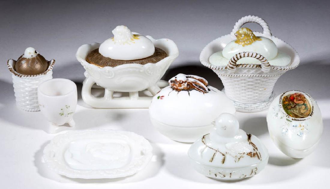 ASSORTED OPAQUE GLASS ARTICLES, LOT OF EIGHT: ASSORTED OPAQUE GLASS ARTICLES, LOT OF EIGHT, opaque white/milk glass, including a Rabbit Emerging from Egg covered dish, a Chick Emerging from Egg covered dish, a Chick in a Sleigh, and a Chick in a