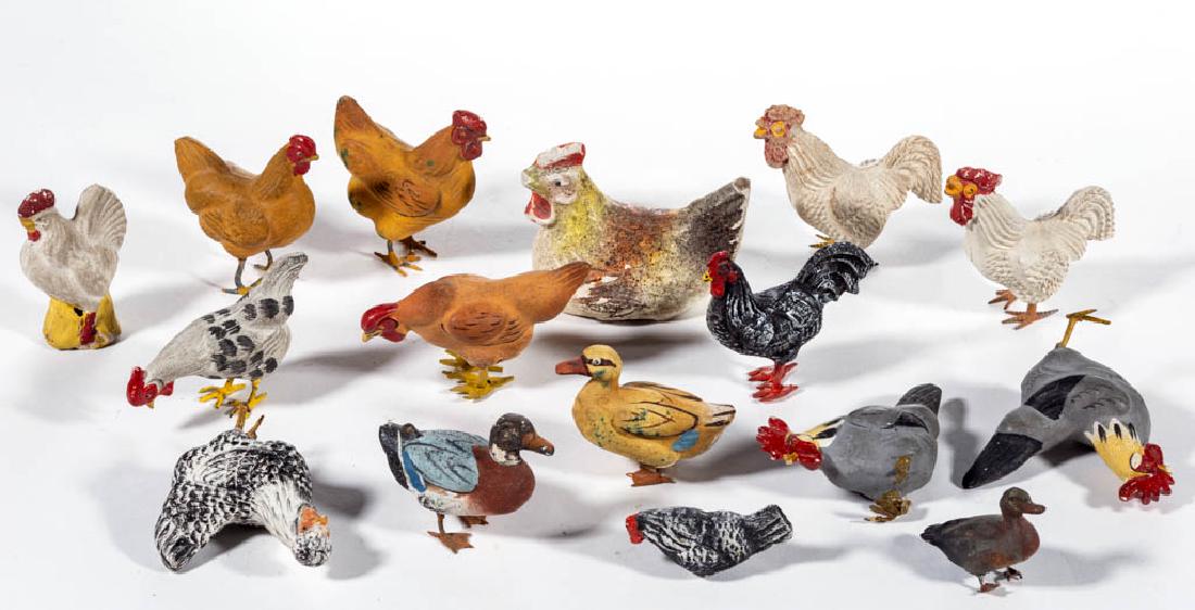 GERMAN COMPOSITION / PAPIER-MACHE BIRD FIGURES, LOT OF: GERMAN COMPOSITION / PAPIER-MACHE BIRD FIGURES, LOT OF 16, comprising thirteen chickens and three ducks. Unmarked. First half 20th century. 1 1/8" to 2 1/4" HOA. Each with wear and a few to several sc