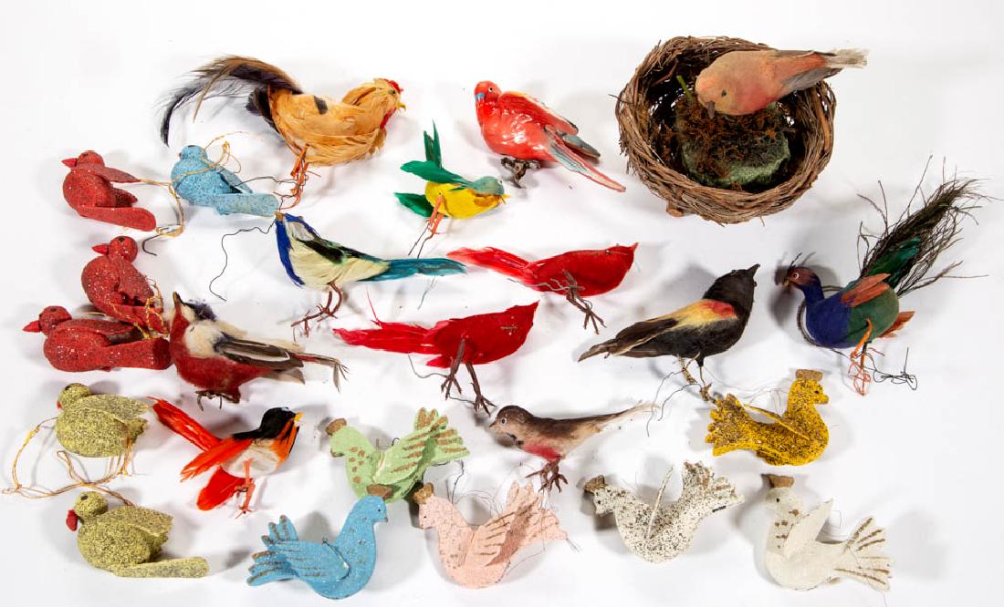 ASSORTED BIRD FIGURES, LOT OF 24: ASSORTED BIRD FIGURES, LOT OF 24, including two sets of six ornaments with painted and glitter finishes, and several examples with feather accents. One ornament set and composition parrot example with