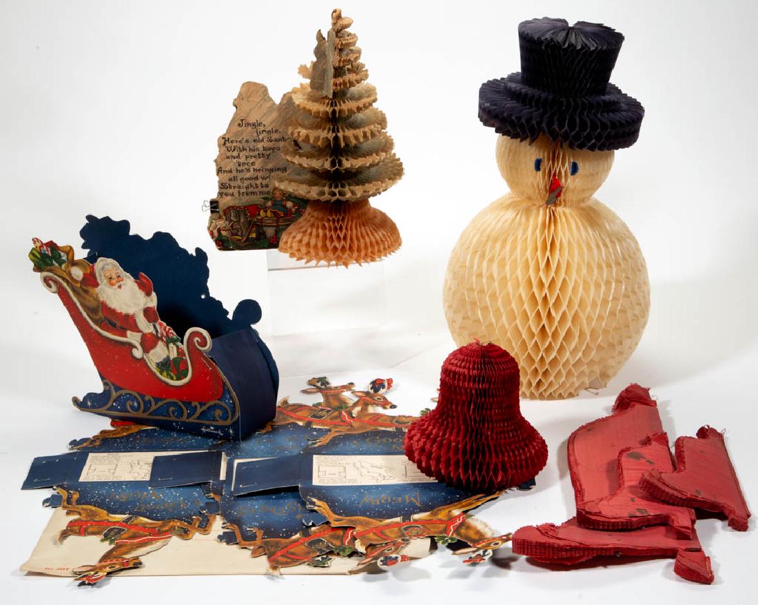 ASSORTED VINTAGE PAPER / CARDBOARD DECORATIONS, LOT OF: ASSORTED VINTAGE PAPER / CARDBOARD DECORATIONS, LOT OF 11, comprising a five-piece box/card holder set of Santa Claus in sleigh and reindeer by Hallmark, a set of four fold-out crepe paper bells, a fo