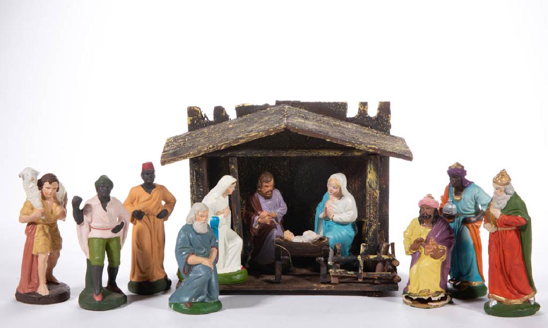 GERMAN COMPOSITION / PAPIER-MACHE NATIVITY SET, LOT OF: GERMAN COMPOSITION / PAPIER-MACHE NATIVITY SET, LOT OF 13, comprising 11 figures with polychrome-painted finishes, a wooden manger, and a wooden stable. Each except Jesus figure with "Germany" mark. F