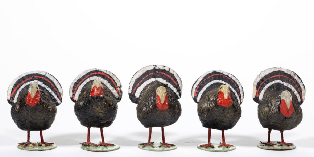 GERMAN COMPOSITION / PAPIER-MACHE TURKEY FIGURES, LOT: GERMAN COMPOSITION / PAPIER-MACHE TURKEY FIGURES, LOT OF FIVE, each having polychrome-painted finish and metal legs mounted on cardboard base. Each with printed "Germany" mark to base. First half 20th