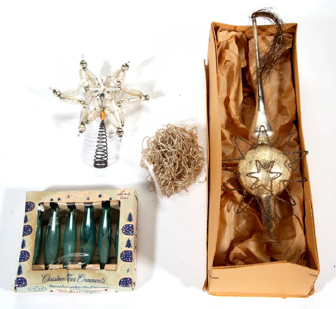 ASSORTED GLASS AND METAL CHRISTMAS / HOLIDAY DECORATIVE: ASSORTED GLASS AND METAL CHRISTMAS / HOLIDAY DECORATIVE ARTICLES, LOT OF NINE, comprising a glass tree topper with wire decoration, a beaded star tree topper, crimped wire, and a set of six blue glass