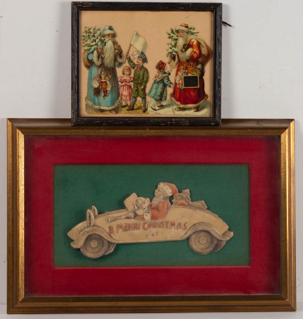GERMAN AND OTHER SANTA CLAUS PAPER ARTICLES, LOT OF TWO: GERMAN AND OTHER SANTA CLAUS PAPER ARTICLES, LOT OF TWO, comprising a molded paper figure of Santa Claus driving an automobile and a pairing of cut-out lithographs of Santa with children. Automobile e