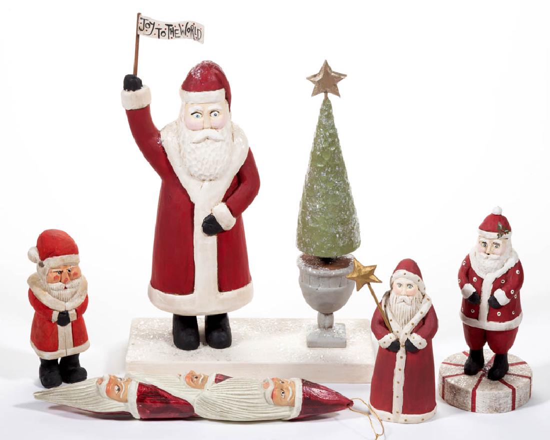 MODERN CARVED WOOD SANTA CLAUS FIGURES, LOT OF FOUR: MODERN CARVED WOOD SANTA CLAUS FIGURES, LOT OF FOUR, each having polychrome-painted finish. Two signed "Hill" and "'04" or "'05" to bases, one signed "114 / RSG" to base. Together with plastic ornamen