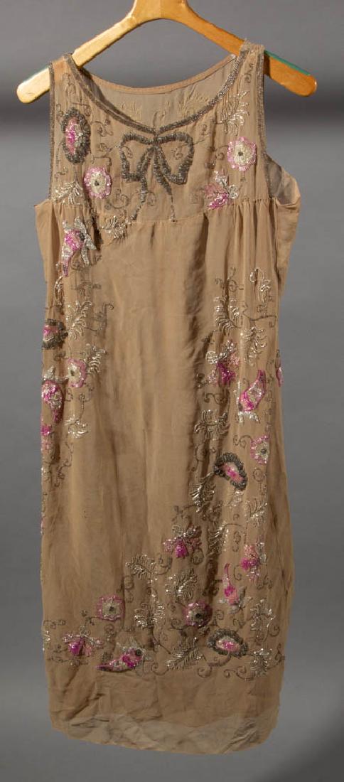 ANTIQUE AND VINTAGE CLOTHING AND RELATED ARTICLES, LOT: ANTIQUE AND VINTAGE CLOTHING AND RELATED ARTICLES, LOT OF FIVE, comprising a peach colored sheer evening dress with beaded designs, a Victorian mourning bonnet, a Hattie Carnegie hat with Montaldo's l