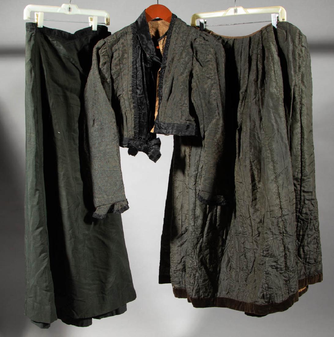 VICTORIAN / EDWARDIAN GREEN CLOTHING, LOT OF SIX: VICTORIAN / EDWARDIAN GREEN CLOTHING, LOT OF SIX, comprising a skirt with quilt stitched accents, a bodice having black trim, a striped shirt, a jacket with striped interior lining, a short-sleeved bo