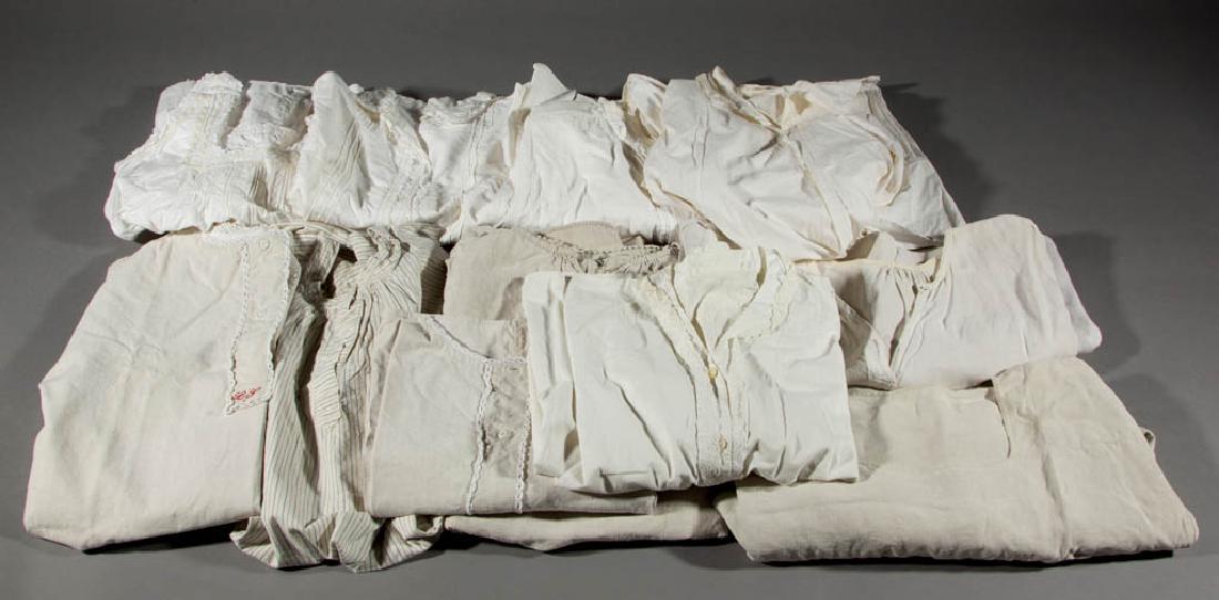 VICTORIAN / EDWARDIAN CLOTHING, LOT OF 12: VICTORIAN / EDWARDIAN CLOTHING, LOT OF 12, including undergarments and nightgowns, some made with linen fabric, a few with flannel lining, some with embroidered initials. Fourth quarter 19th/early 20t
