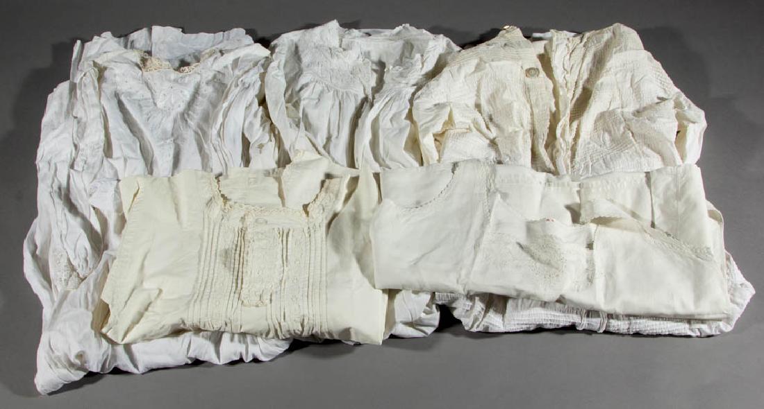 VICTORIAN / EDWARDIAN WHITE CLOTHING, LOT OF FIVE: VICTORIAN / EDWARDIAN WHITE CLOTHING, LOT OF FIVE, some with lace and eyelet accents, including two dresses. Fourth quarter 19th/early 20th century. One dress: 34" bust, 26" waist. Good to excellent o