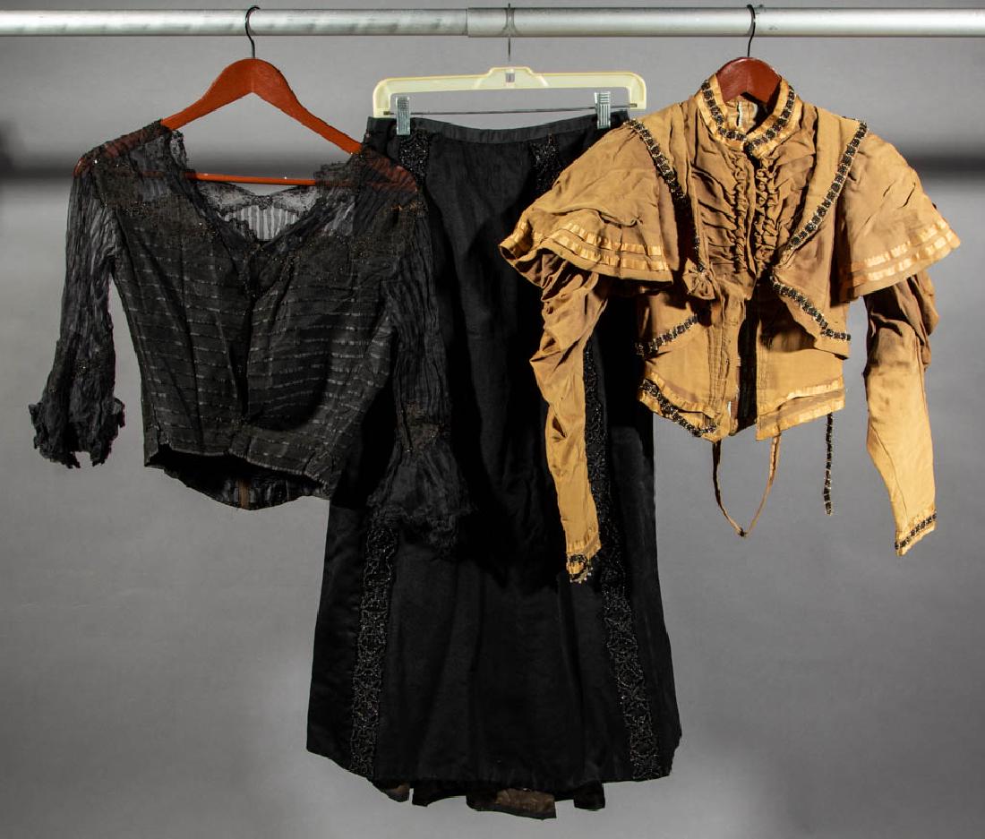 VICTORIAN / EDWARDIAN BEAD-ACCENTED CLOTHING, LOT OF: VICTORIAN / EDWARDIAN BEAD-ACCENTED CLOTHING, LOT OF THREE, comprising a green bodice with beaded and lace trim, a black shirt having sheer fabric neckline and sleeves with beaded lace accents, and a 