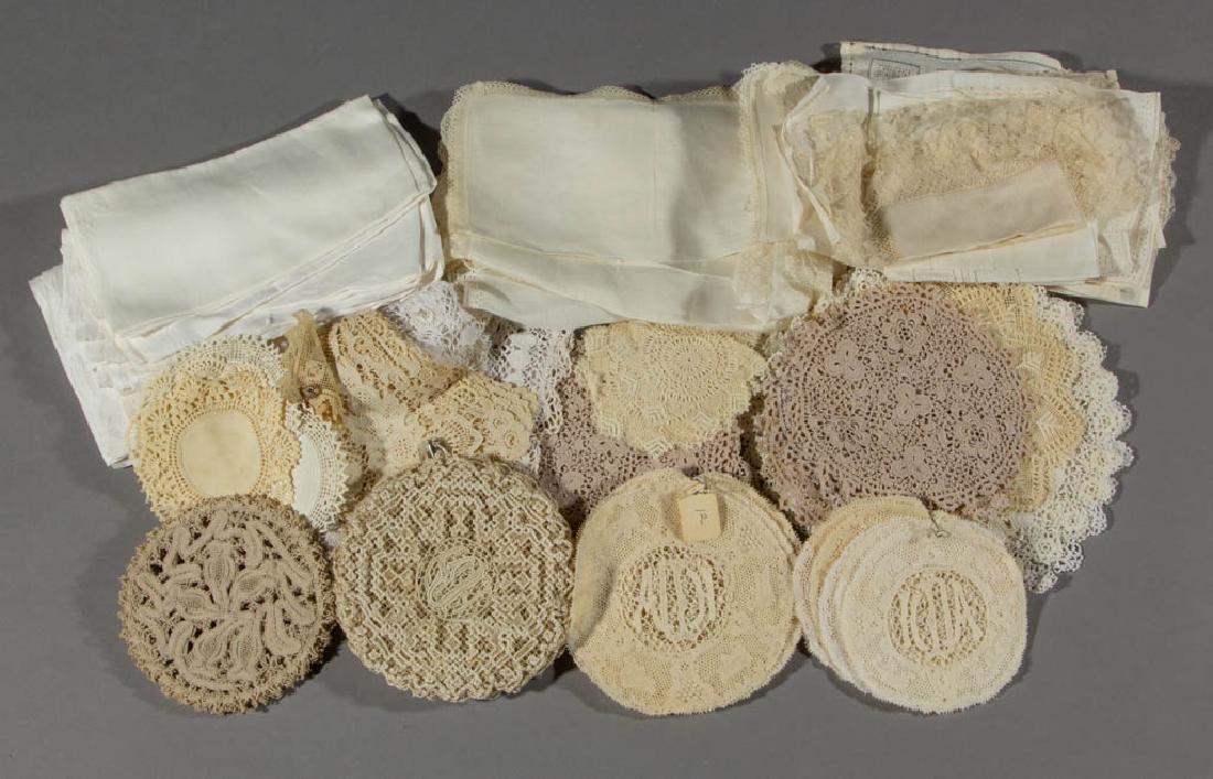 ANTIQUE AND VINTAGE WHITE DOILIES, LINENS, AND OTHER: ANTIQUE AND VINTAGE WHITE DOILIES, LINENS, AND OTHER TEXTILES, UNCOUNTED LOT, including a set of twelve large and twelve small doilies with "HDA" monogram to center. Fourth quarter 19th/first half 20t
