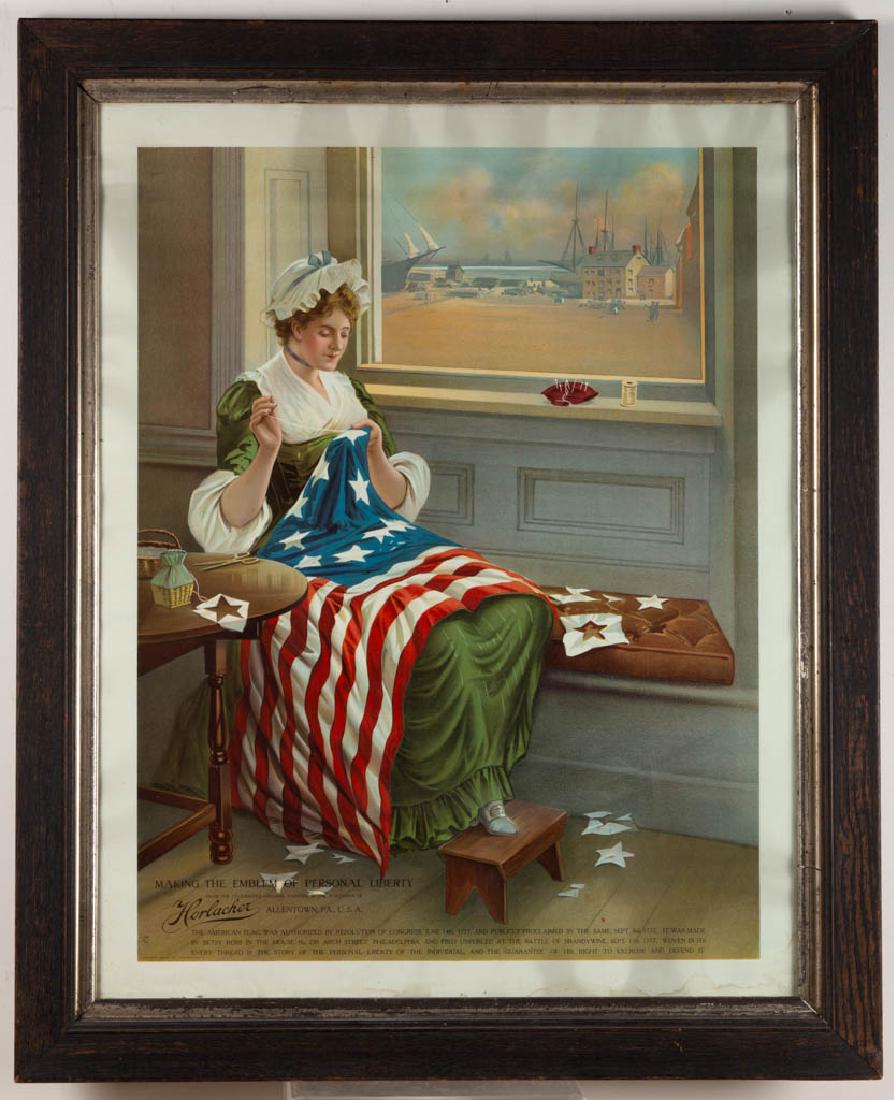 HORLACHER BREWING CO. BETSY ROSS ADVERTISING POSTER: HORLACHER BREWING CO. BETSY ROSS ADVERTISING POSTER, featuring Betsy Ross "Making the Emblem of Personal Liberty". Housed under glass in possibly original frame. Circa 1909. 21" x 28" plate, 29" x 35 