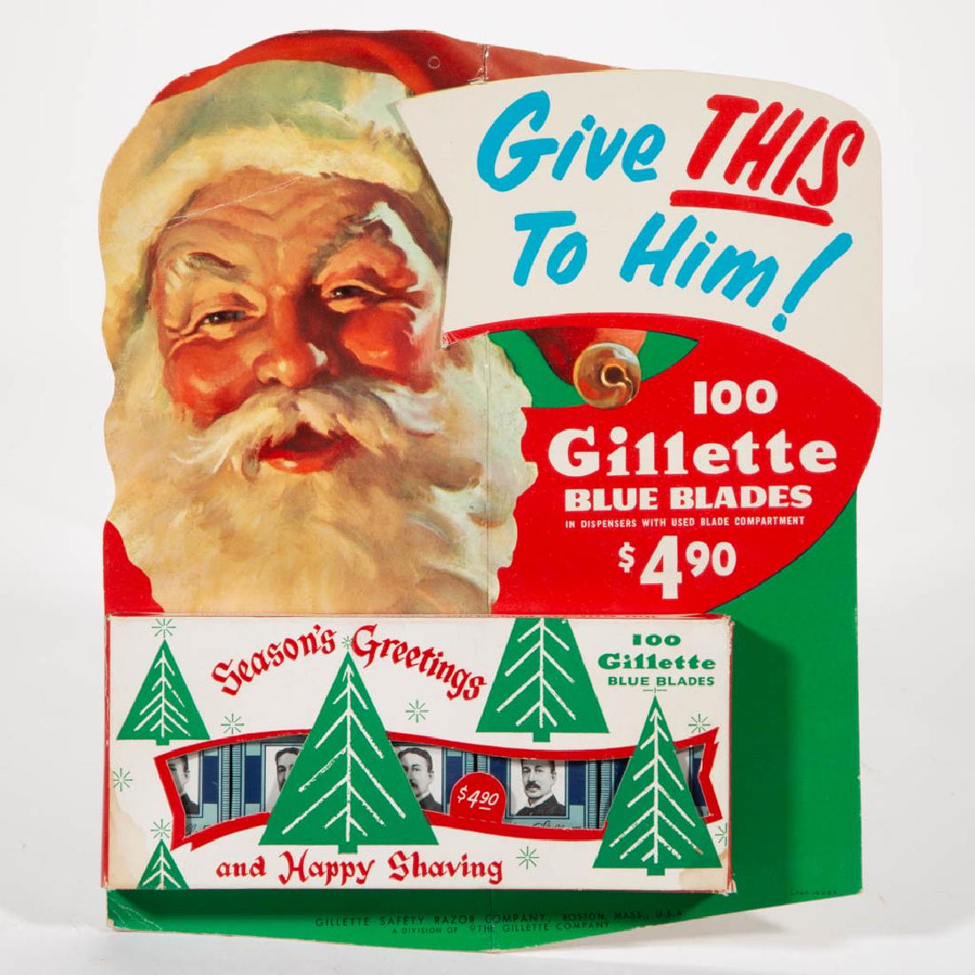 SANTA CLAUS GILLETTE BLUE BLADES DRUG STORE COUNTER-TOP: SANTA CLAUS GILLETTE BLUE BLADES DRUG STORE COUNTER-TOP DISPLAY, new old store stock, five individually wrapped boxes inside a larger box, for the 20-blade dispenser. 20th century. 9 1/4" x 10" OA. Go
