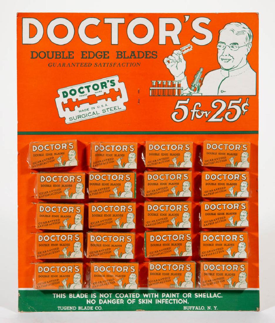 DOCTOR'S DOUBLE EDGE BLADES DRUG STORE COUNTER-TOP: DOCTOR'S DOUBLE EDGE BLADES DRUG STORE COUNTER-TOP DISPLAY, new old store stock, 20 individually wrapped boxes, with easel-back. 20th century. 10" x 12 1/4" OA. Very good overall condition, one box wi