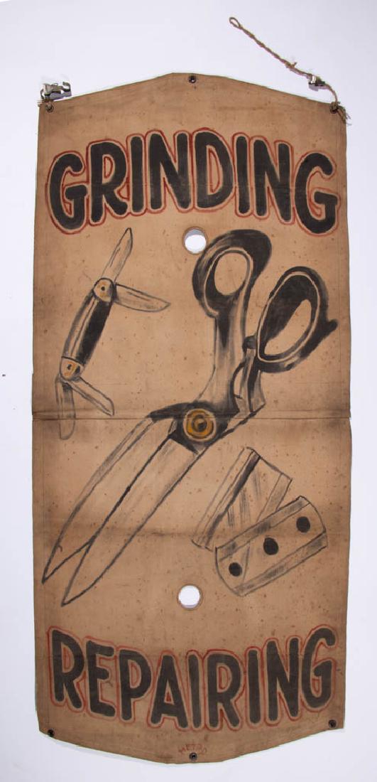 AMERICAN FOLK ART PAINTED CANVAS DOUBLE-SIDED TRADE: AMERICAN FOLK ART PAINTED CANVAS DOUBLE-SIDED TRADE SIGN, painted on heavy canvas with reinforced holes for hanging, depicting a straight razor on one side and scissors, razor blades, and a pocket kni