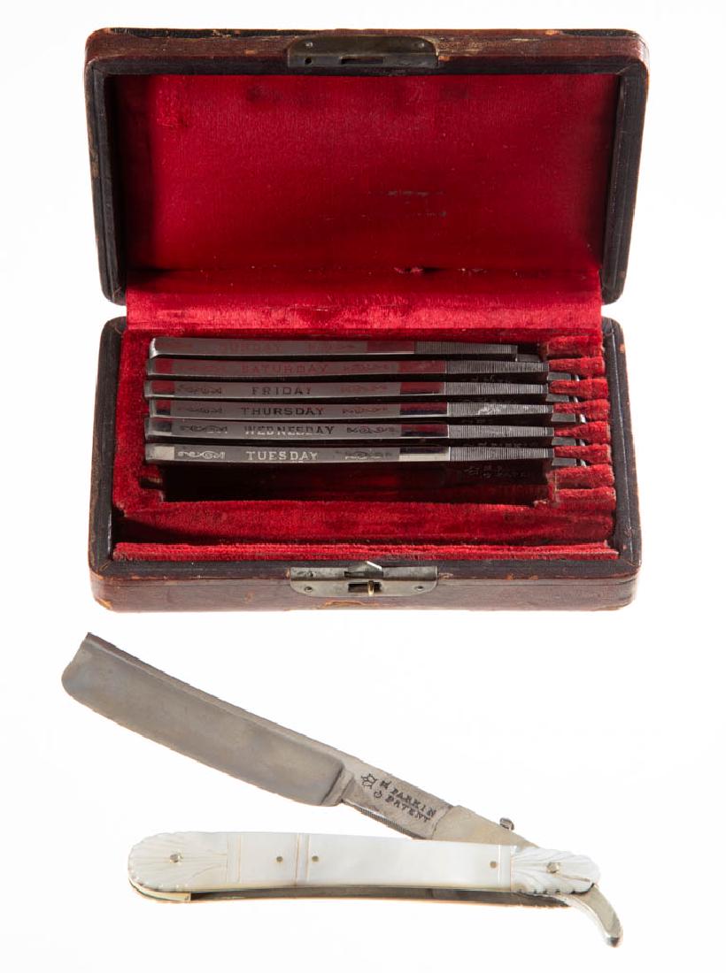 ENGLISH KING GEORGE IV CASED SEVEN-DAY STRAIGHT RAZOR: ENGLISH KING GEORGE IV CASED SEVEN-DAY STRAIGHT RAZOR SET, comprising one mother-of-pearl handle with seven interchangeable hollow ground blades with the spines marked for each day of the week, each t