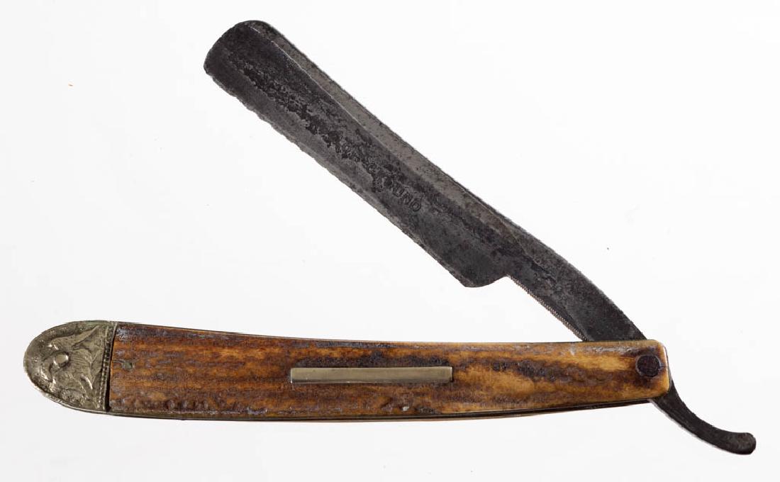 CIVIL WAR ERA ENGLISH STAG-HANDLED STRAIGHT RAZOR: CIVIL WAR ERA ENGLISH STAG-HANDLED STRAIGHT RAZOR, with escutcheon plate, tang stamped "B.J. Eyre & Co., Late W. Graves & Sons, Sheffield", face etched "HOLLOW GROUND", molded eagle with union shield,