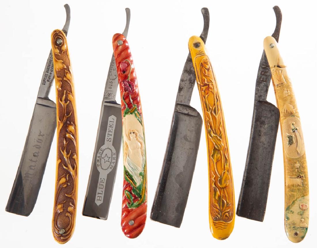 GERMAN FIGURAL CELLULOID-HANDLED STRAIGHT RAZORS, LOT: GERMAN FIGURAL CELLULOID-HANDLED STRAIGHT RAZORS, LOT OF FOUR, comprising a semi-nude woman with tang stamped "815 G. Baker & Sons Made in Germany" with blade etched "Blue Trademark Steel", floral des