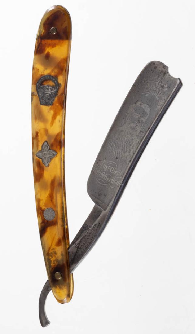 CIVIL WAR ERA ENGLISH MOTTLED HORN-HANDLED STRAIGHT: CIVIL WAR ERA ENGLISH MOTTLED HORN-HANDLED STRAIGHT RAZOR, with inlaid designs, blade is etched with Major General Philip Sheridan (Majr. Genl. Ph. Sheridan), the union shield and a banner saying "E P