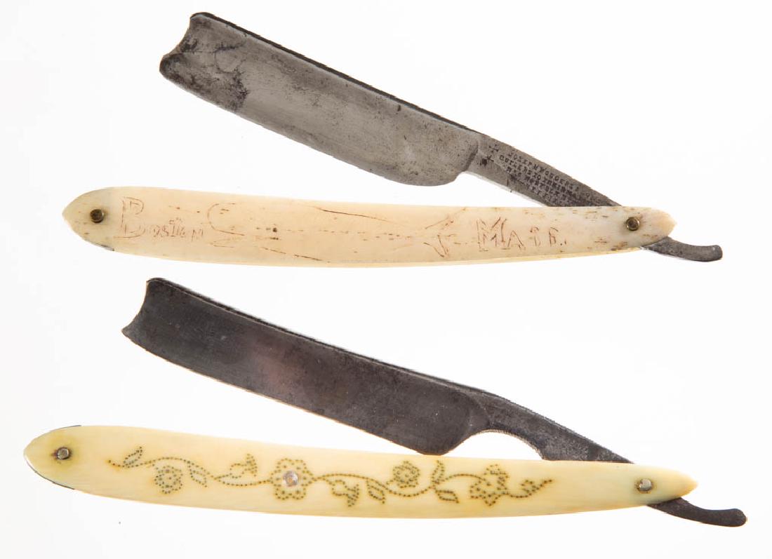 ASSORTED ENGLISH BONE-HANDLED STRAIGHT RAZORS, LOT OF: ASSORTED ENGLISH BONE-HANDLED STRAIGHT RAZORS, LOT OF TWO, comprising one with scrimshaw decoration of a whale and "Boston Made", with "W. DELF" on the reverse, tang stamped "Joseph Rogers & Sons, Cut