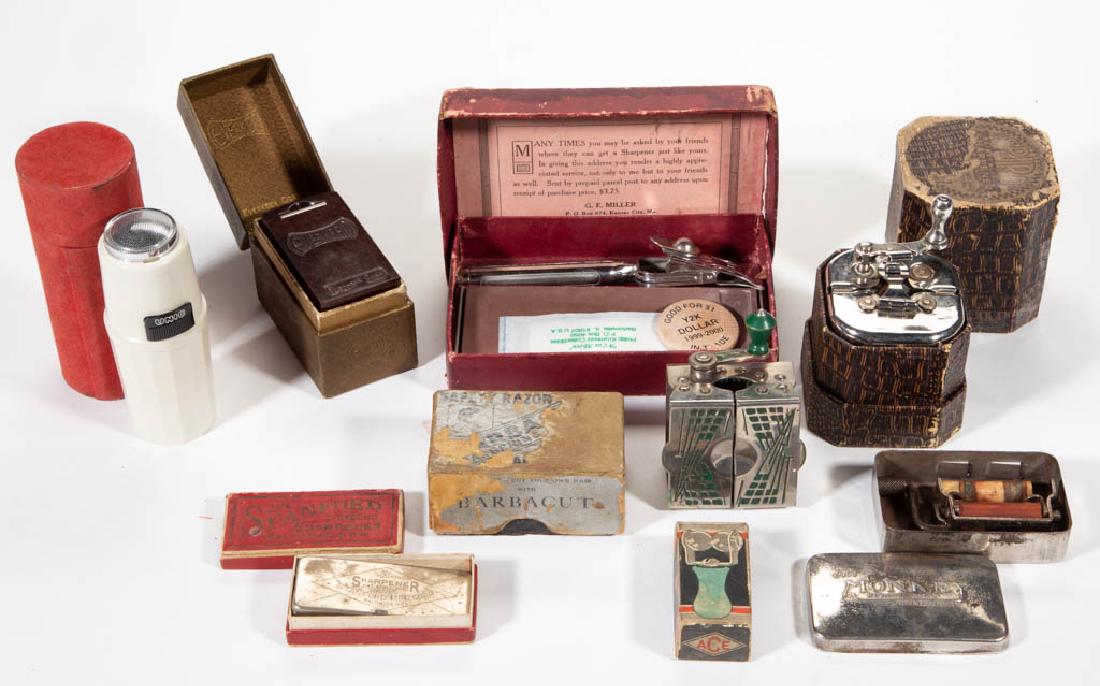 ASSORTED RAZOR BLADE / SHAVING ARTICLES, LOT OF NINE: ASSORTED RAZOR BLADE / SHAVING ARTICLES, LOT OF NINE, comprising an ACE Razor Blade Stropper in original box; UNIC Swiss made shaver in box; Gillette Precision Blue-Beard Stropper; The Monkey Rotary S