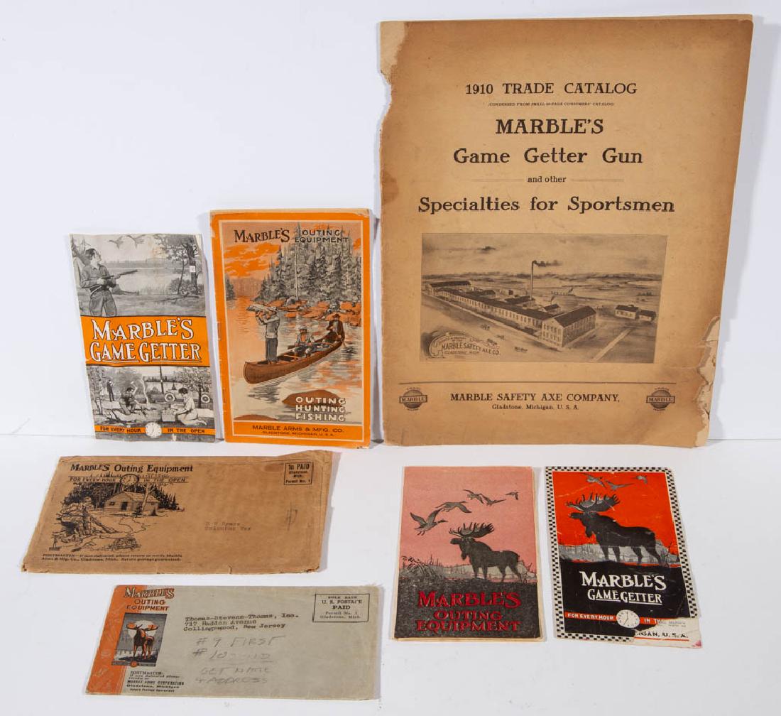 MARBLE'S ARMS & MANUFACTURING CO. BROCHURE / TRADE: MARBLE'S ARMS & MANUFACTURING CO. BROCHURE / TRADE CATALOGS, LOT OF SEVEN, comprising a 1910 Trade Catalog; Catalog No. 31; 1938 Marble's Game Getter brochure; Marble's Outing Equipment brochure; Marb