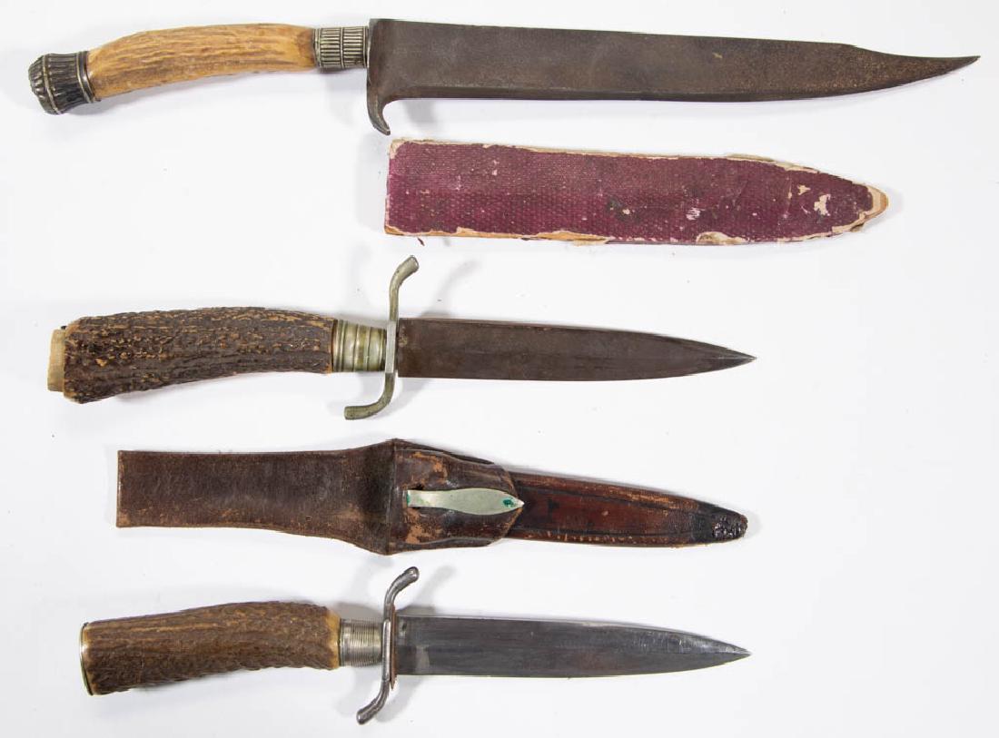 CONTINENTAL FIGHTING / BOWIE KNIVES, LOT OF THREE: CONTINENTAL FIGHTING / BOWIE KNIVES, LOT OF THREE, no markings, each with stag handle, two with possibly original sheaths, one being leather. Largest example possibly made by Brookes & Crookes. Probab