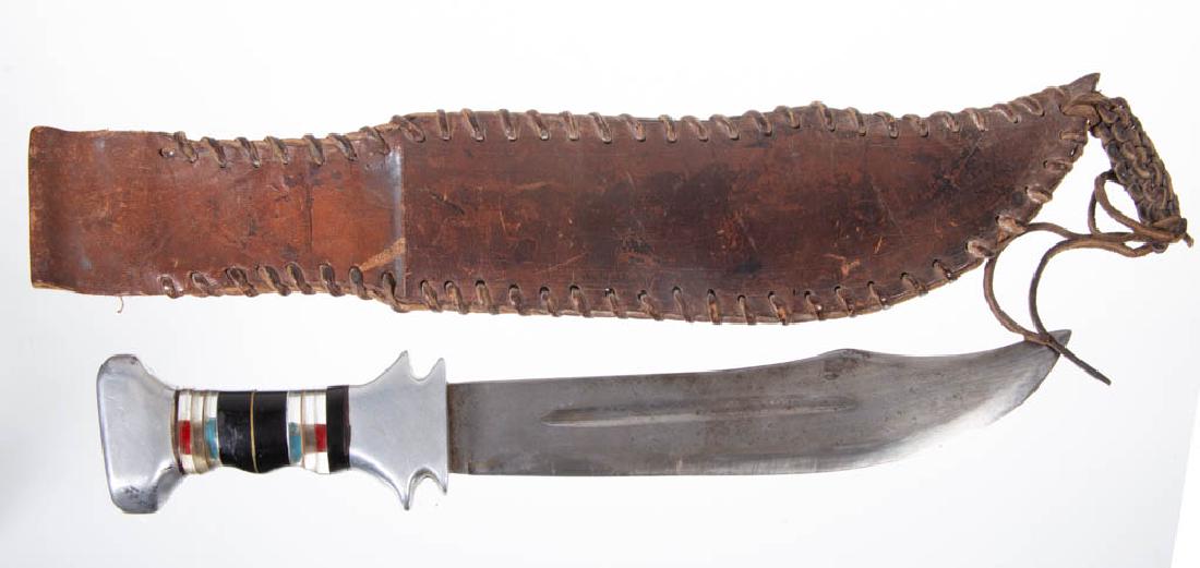 WORLD WAR TWO / WWII TRENCH ART THEATER / BOWIE KNIFE: WORLD WAR TWO / WWII TRENCH ART THEATER / BOWIE KNIFE, aluminum pommel and finger guard, Plexiglas handle, possibly from an airplane canopy, including a possibly original handmade leather holster. Ind
