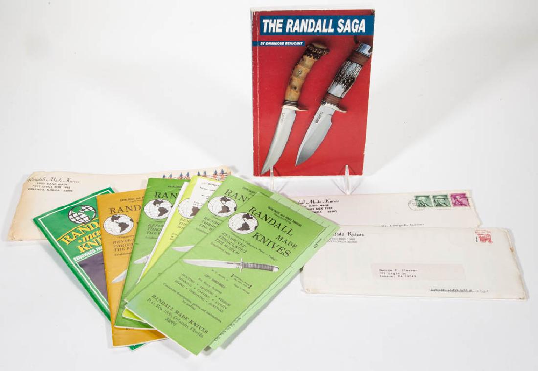 RANDALL MADE KNIVES TRADE CATALOGS / REFERENCE VOLUMES,: RANDALL MADE KNIVES TRADE CATALOGS / REFERENCE VOLUMES, LOT OF EIGHT, comprising Beaucants, "The Randall Saga", plus 1966, 1971, 1973 (2), 1975, 1988, and 1989 trade catalogs. Soft covers. Good to exc