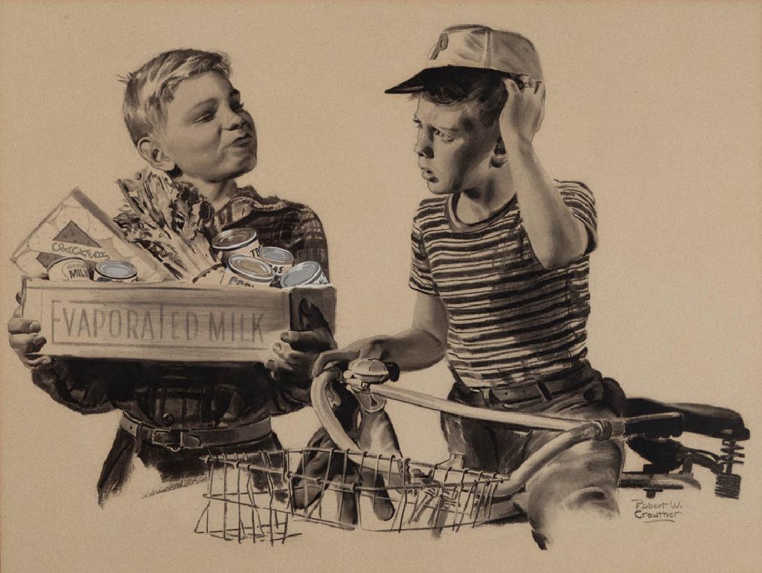 ROBERT W. CROWTHER (AMERICAN, 1902-1978) ORIGINAL: ROBERT W. CROWTHER (AMERICAN, 1902-1978) ORIGINAL ILLUSTRATION ART, charcoal and gouache on paper, two boys, one carrying groceries in an evaporated milk box and the other stopped nearby on his bike, 