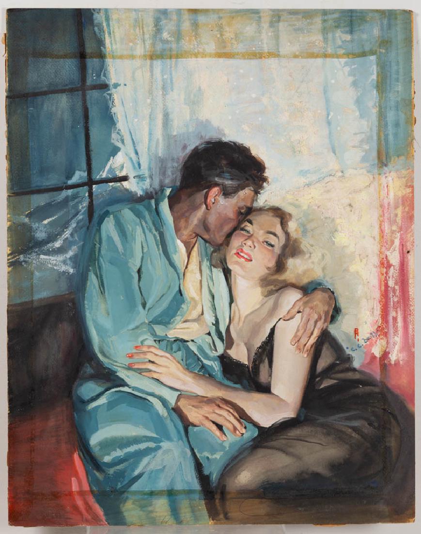 CECIL CALVERT BEALL (AMERICAN, 1892-1967) ORIGINAL: CECIL CALVERT BEALL (AMERICAN, 1892-1967) ORIGINAL ILLUSTRATION ART, watercolor / gouache and pencil on Whatman board, a sensuous interior scene of two lovers in embrace, snow-capped mountain peaks in