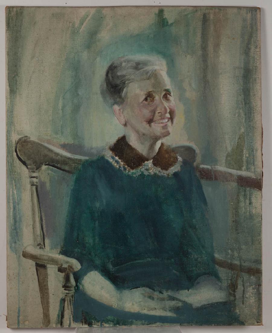 CECIL CALVERT BEALL (AMERICAN, 1892-1967), ATTRIBUTED,: CECIL CALVERT BEALL (AMERICAN, 1892-1967), ATTRIBUTED, PORTRAIT OF A WOMAN, oil on canvas laid on board, depicting a smiling elderly lady seated in a rocking chair, no signature located. Unframed. Cir