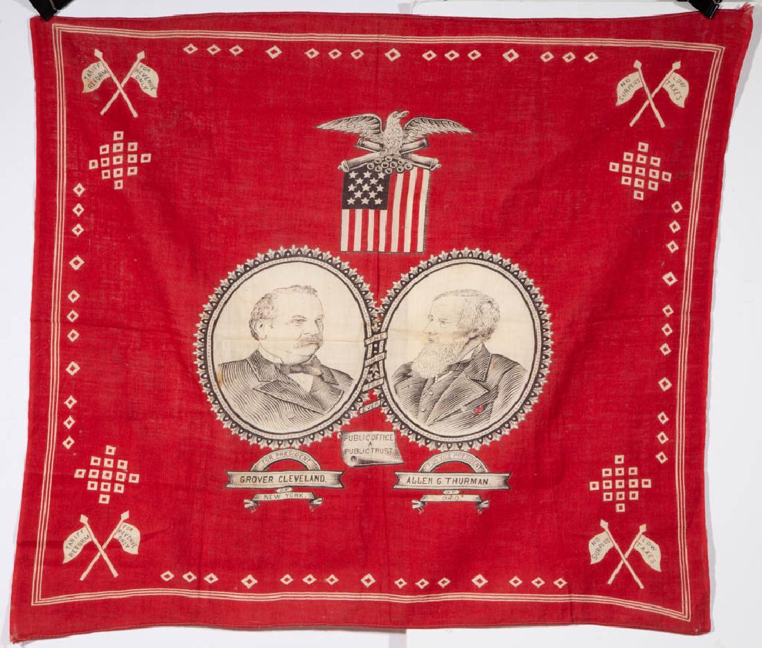 1888 GROVER CLEVELAND / ALLEN G. THURMAN CAMPAIGN: 1888 GROVER CLEVELAND / ALLEN G. THURMAN CAMPAIGN BANDANA / HANDKERCHIEF, printed cotton, design featuring vignettes of President Grover Cleveland of New York and Vice President Allen G. Thurman of Oh