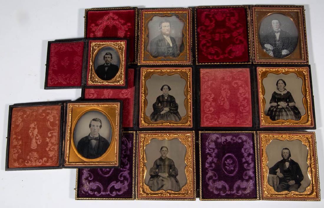 ASSORTED CASED PHOTOGRAPHIC IMAGES, LOT OF EIGHT: ASSORTED CASED PHOTOGRAPHIC IMAGES, LOT OF EIGHT, ninth-plate and sixth-plate, comprising two common daguerreotype and six ambrotype images. Each in an embossed leather-covered case. Third quarter 19t