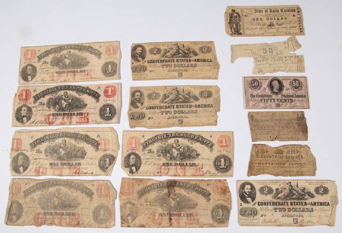 ASSORTED CIVIL WAR OBSOLETE CURRENCY BANK NOTES, LOT OF: ASSORTED CIVIL WAR OBSOLETE CURRENCY BANK NOTES, LOT OF 14, including three 1862 $2 CSA, six 1862 $1 Virginia Treasury, 1861 $1 State of North Carolina, and 1862 50 cent Savannah, Georgia Mechanics Sa