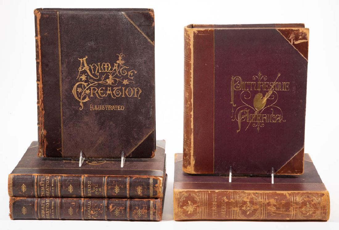 ANTIQUARIAN NATURAL HISTORY VOLUMES, LOT OF FIVE: ANTIQUARIAN NATURAL HISTORY VOLUMES, LOT OF FIVE, comprising "Picturesque America", two-volume set, edited by William Cullen Bryant, 1874, with many steel engravings by eminent American artists; and "