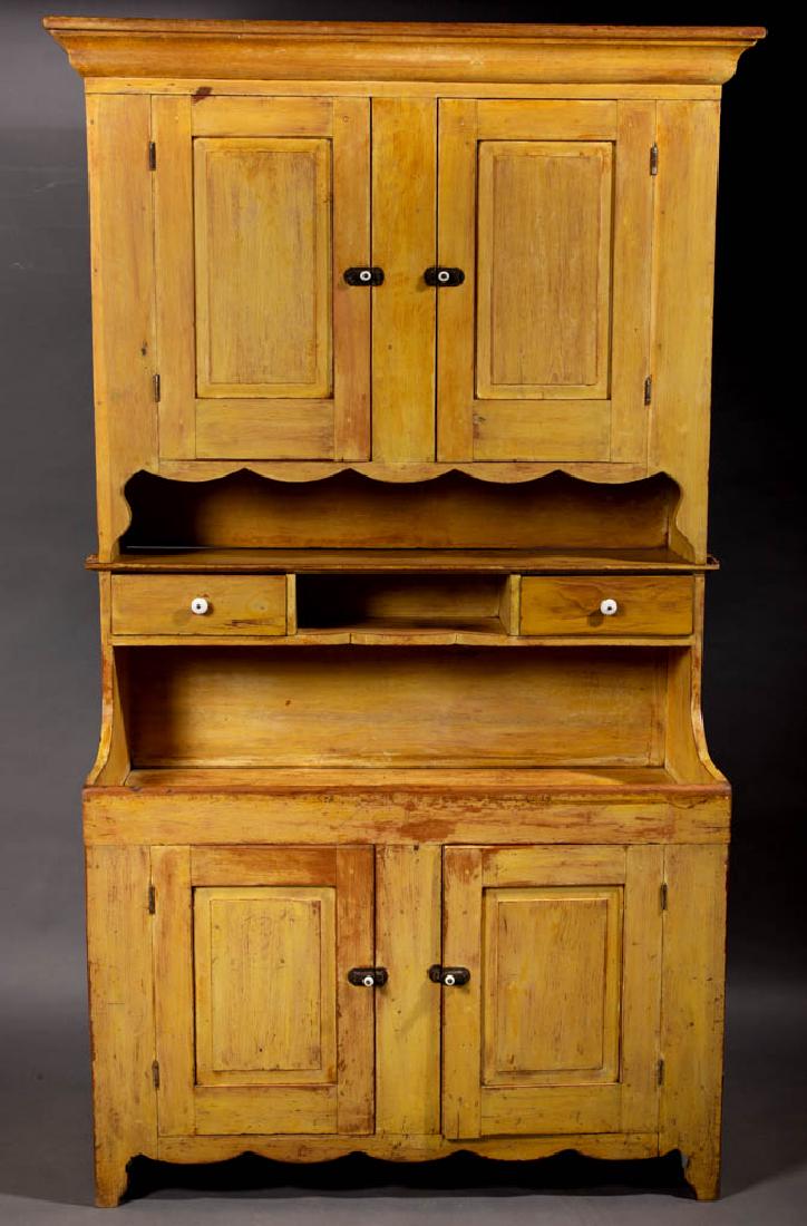 AMERICAN PAINTED PINE DRYSINK CUPBOARD: AMERICAN PAINTED PINE DRYSINK CUPBOARD, two-piece construction, the upper case with applied ogee-molded cornice over two raised-panel doors above open shelf and two short drawers, solid ends, the lowe