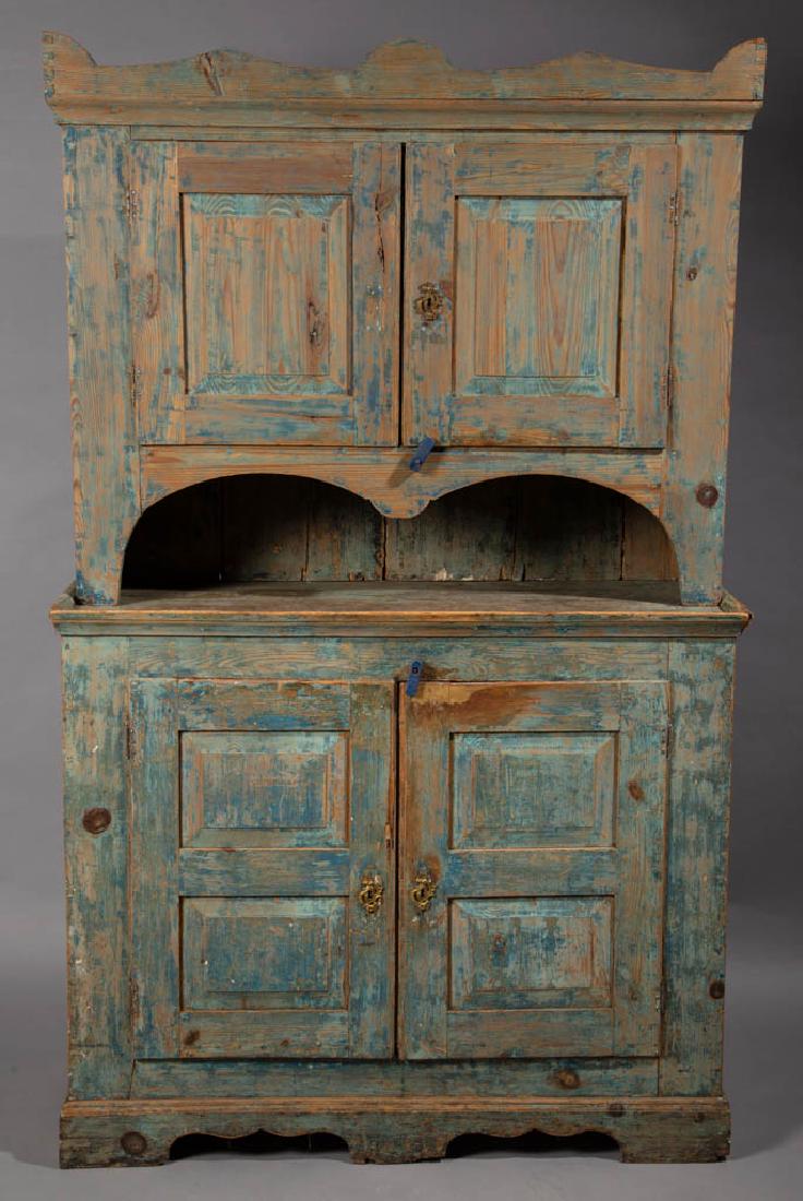 COUNTRY PAINTED PINE STEP-BACK WALL CUPBOARD: COUNTRY PAINTED PINE STEP-BACK WALL CUPBOARD, two-piece construction, the upper case with cut-out applied cornice over two raised-panel doors, open pie shelf below; the lower case with applied bed mol