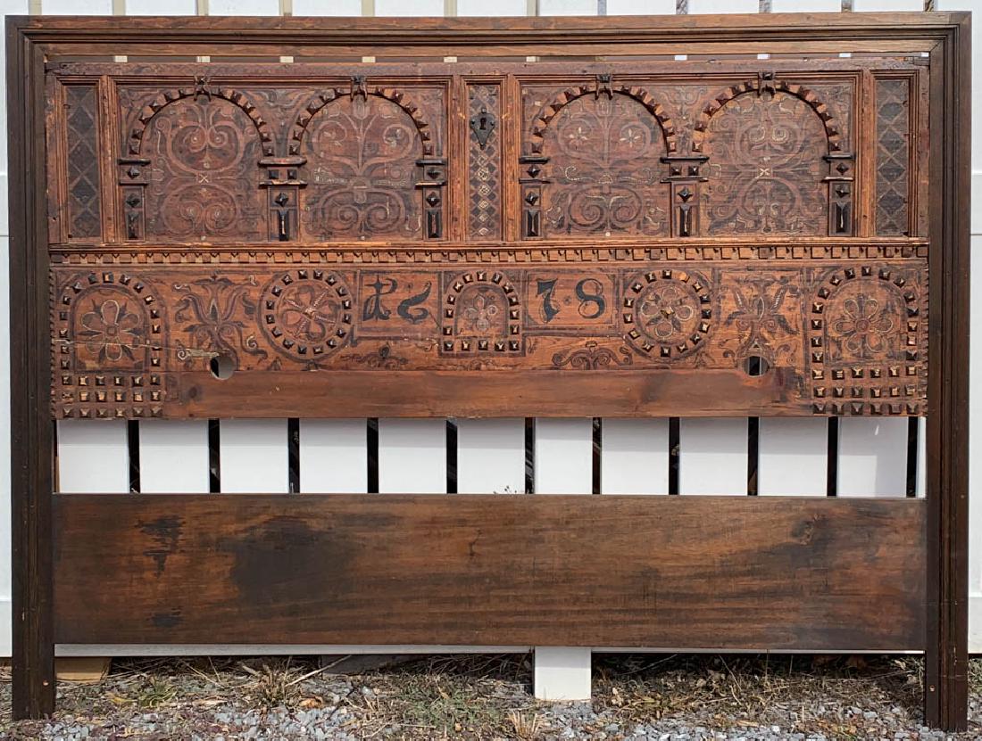 SCANDINAVIAN FOLK ART HEADBOARD / DOOR PANEL: SCANDINAVIAN FOLK ART HEADBOARD / DOOR PANEL, with paint-decorated surface and in script "1678", and later frame. 19th century. 60 1/4" HOA, 80" WOA.Good overall condition, possibly old restorations,