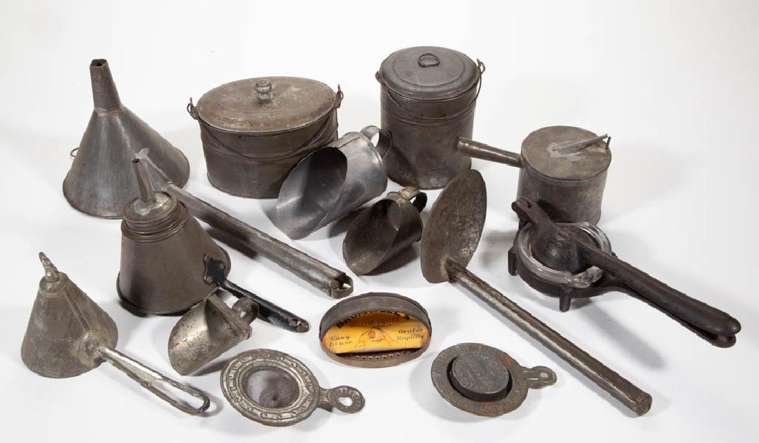 ASSORTED CAST-IRON AND SHEET-IRON DOMESTIC / KITCHEN: ASSORTED CAST-IRON AND SHEET-IRON DOMESTIC / KITCHEN ARTICLES, LOT OF 14, including a cylinder-form and an ovoid-form lunch bucket with bail handle, two-handled funnels, a King lemon juicer/squeezer w