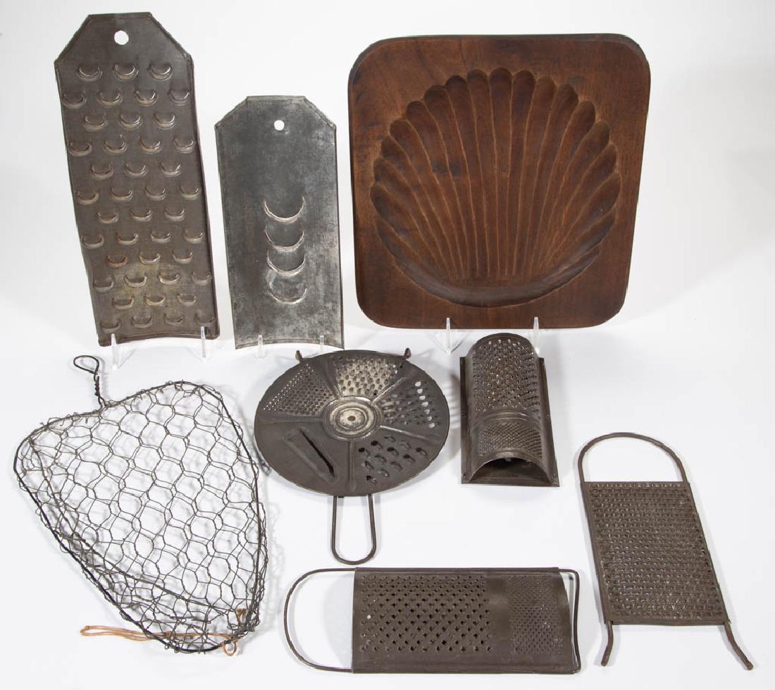 AMERICAN SHEET-IRON / TIN GRATERS, LOT OF SIX: AMERICAN SHEET-IRON / TIN GRATERS, LOT OF SIX, including a circular example with five settings, and two double-sided examples with three settings. Together with a carved walnut board with a shell and
