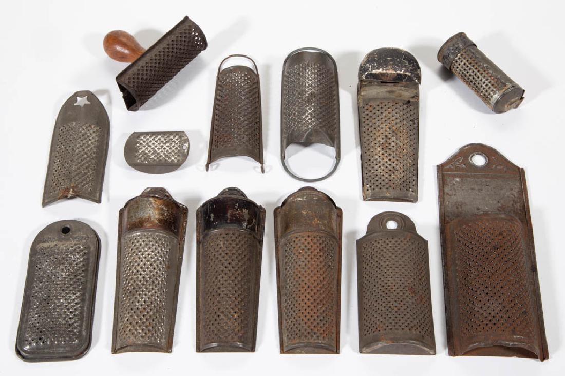 ASSORTED TIN / SHEET-IRON NUTMEG GRATERS, LOT OF 13: ASSORTED TIN / SHEET-IRON NUTMEG GRATERS, LOT OF 13, comprising five with traces of original paint, one with a wooden handle, one embossed "Bee Brand", one with a cut out star, one with embossed flora