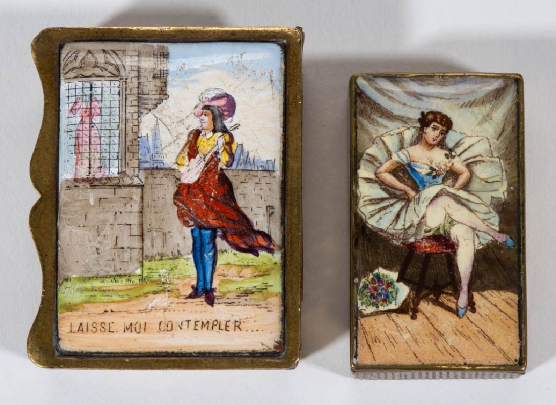 ANTIQUE CONTINENTAL EROTIC BRASS MATCH SAFES, LOT OF: ANTIQUE CONTINENTAL EROTIC BRASS MATCH SAFES, LOT OF TWO, each with hinged lid having a polychrome-painted porcelain insert, one with interior erotic insert, each with striker. Fourth quarter 19th cen